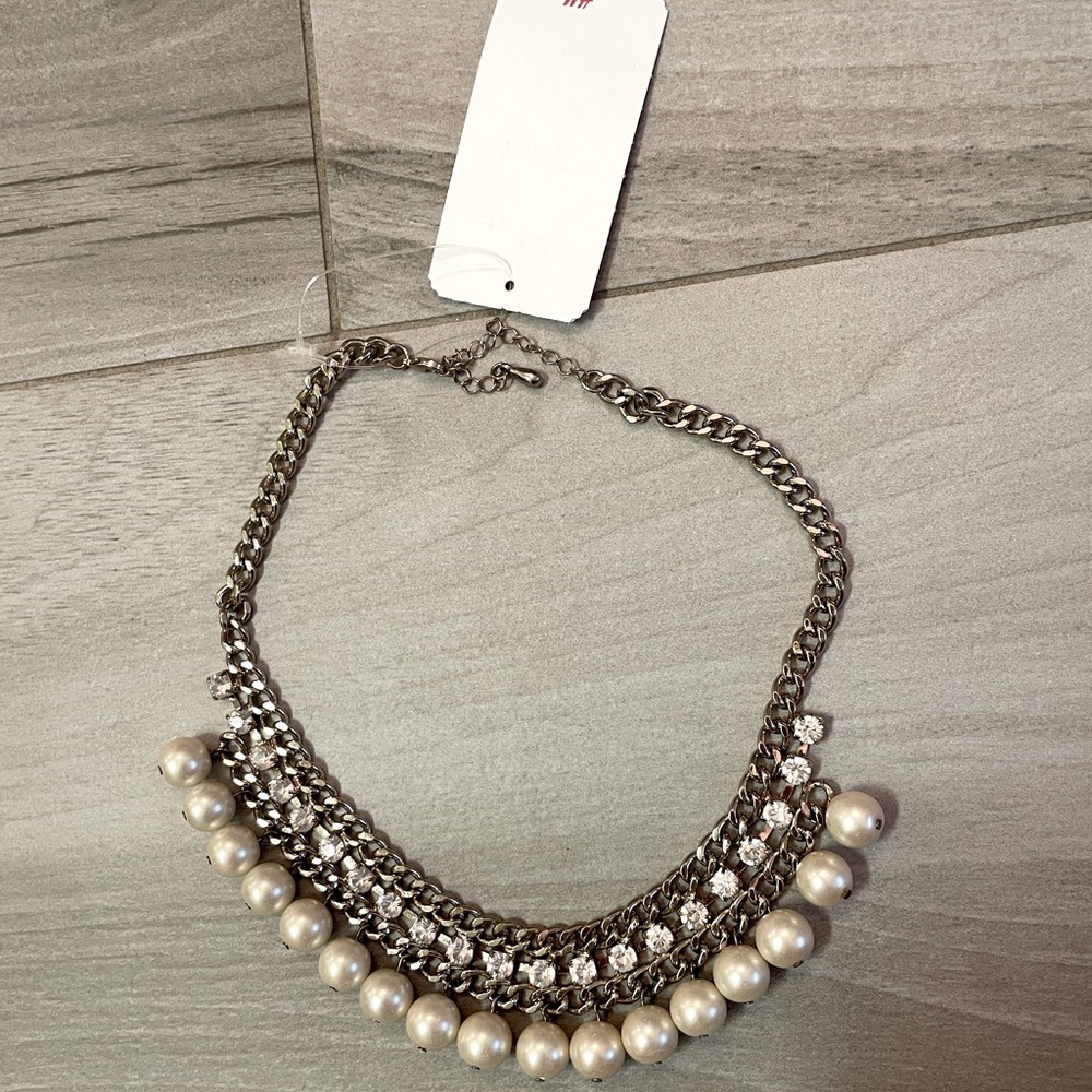 Bib costume necklace- faux rhinestone, pearl, gold